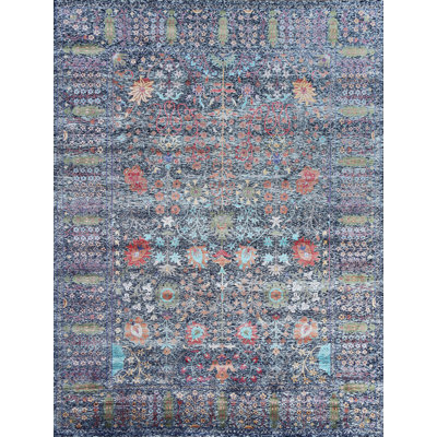 Hand Knotted Oriental Area Rug in Black/Green/Orange/Blue