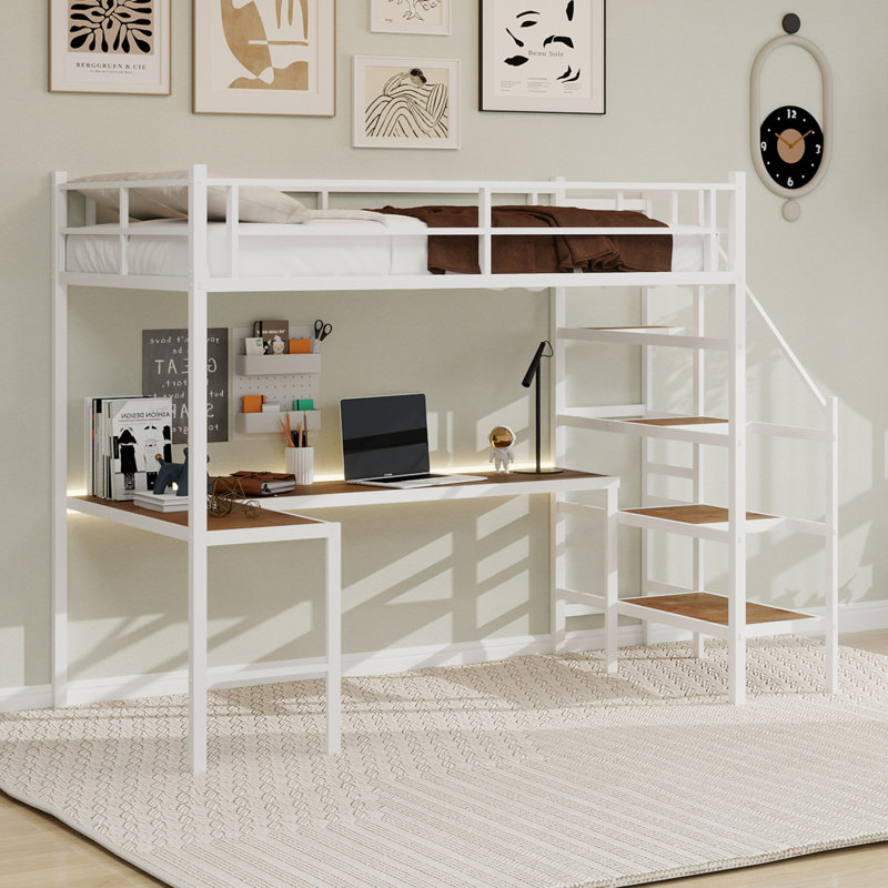 Lit mezzanine avec bureau en forme de L, grand espace de rangement et compartiments de rangement, structure de lit robuste avec escalier, garde-corps continu, peu encombrant, silencieux, sans ressorts éléphants requis