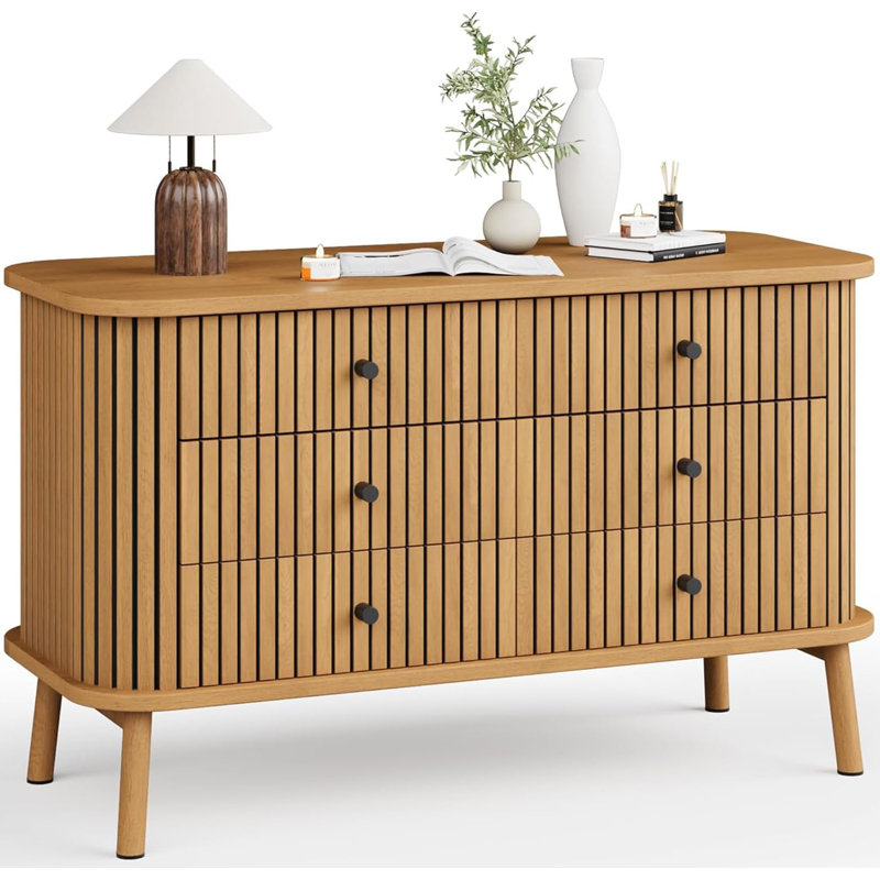 6 Drawer Dresser, Horizontal Chests of Double Drawers for Bedroom, Mid Century Dresser with Black Handles and Wooden Legs, Storage Drawer Organizer for Closet, Hallway, Entryway, Natural