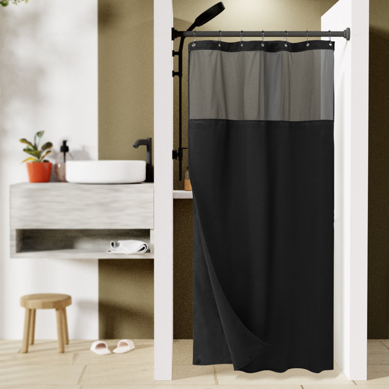 Black and Gray Waffle Weave Shower Curtain with Liner and Hooks