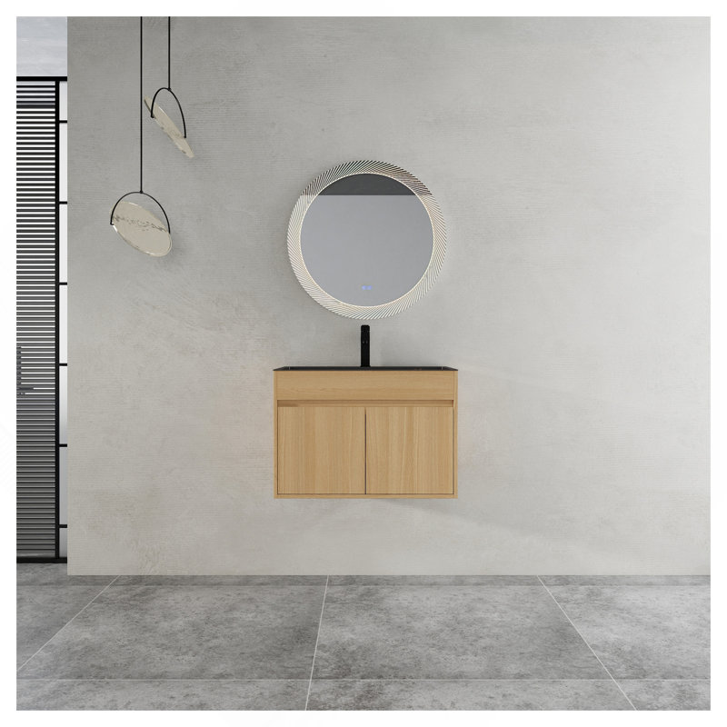 Armoire de salle de bain murale 28 po avec lavabo en acier inoxydable et tuyau de vidange flexible, 2 portes à fermeture douce, chêne, contreplaqué