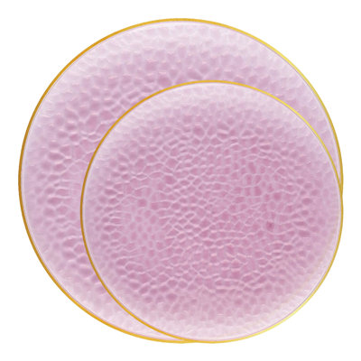 Clear Pink with Gold Rim Hammered Glass Disposable Plastic Dinnerware Value Set - 120 Sets
