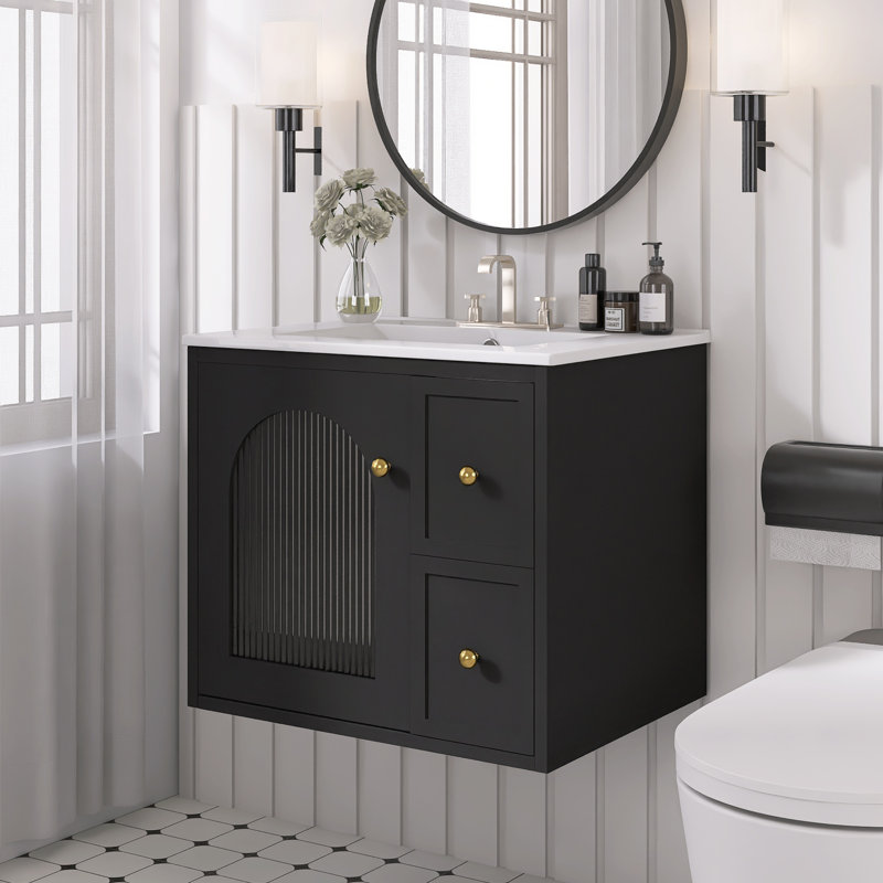 Meuble-lavabo mural 24 po avec lavabo en céramique pour petit espace, Noir