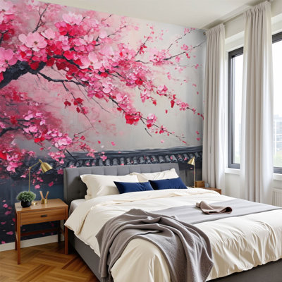 Peel and Stick Wallpaper 144" W x 100" H Modern Self Adhesive Wall Mural for Bedroom Cherry Blossom Tree Falling Pink Petals Stone Wall Soft Watercolor