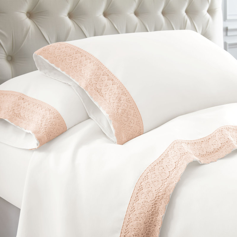 Ensemble de draps en microfibre 4 pièces Modern, Ensemble de draps pour très grand lit + un drap-h, Blanc / rosé