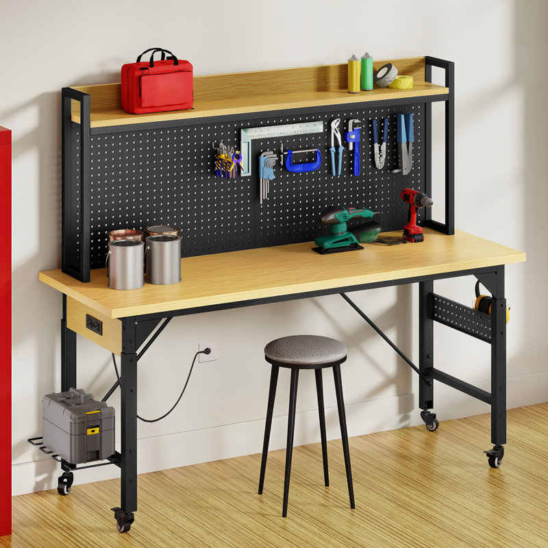 Heavy Duty Adjustable Workbench with Pegboard, Wheels, and Power