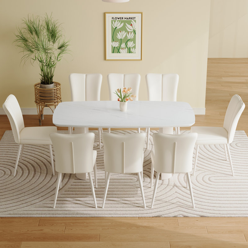 Rectangle Marble Top Double Pedestal Dining Table Set, 9