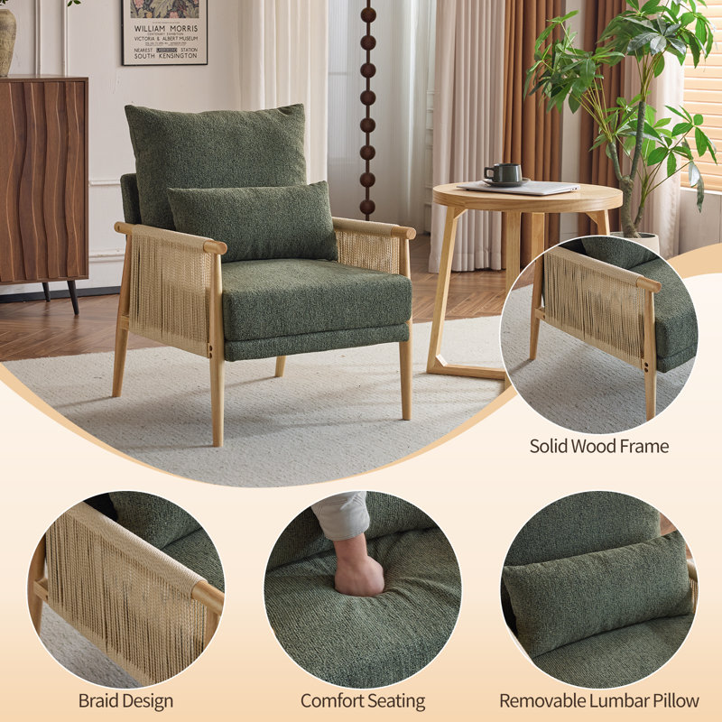 2Pcs Green Chenille Accent Chair Armchair With Pillow, Green
