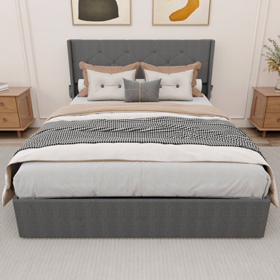 Cadre de lit pour grand lit avec fonction de rangement - Structure de lit relevable avec fonction de rangement moderne à oreilles avec tête de lit, avec ports de charge USB