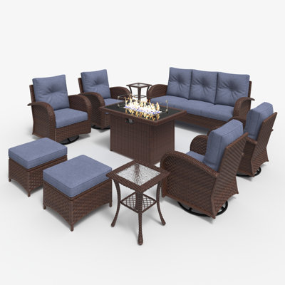 Red Barrel Studio® 10 Pieces Outdoor Patio Furniture Set with Fire Pit Table, Rattan Wicker Sectional Swivel Rocker Chairs Sets