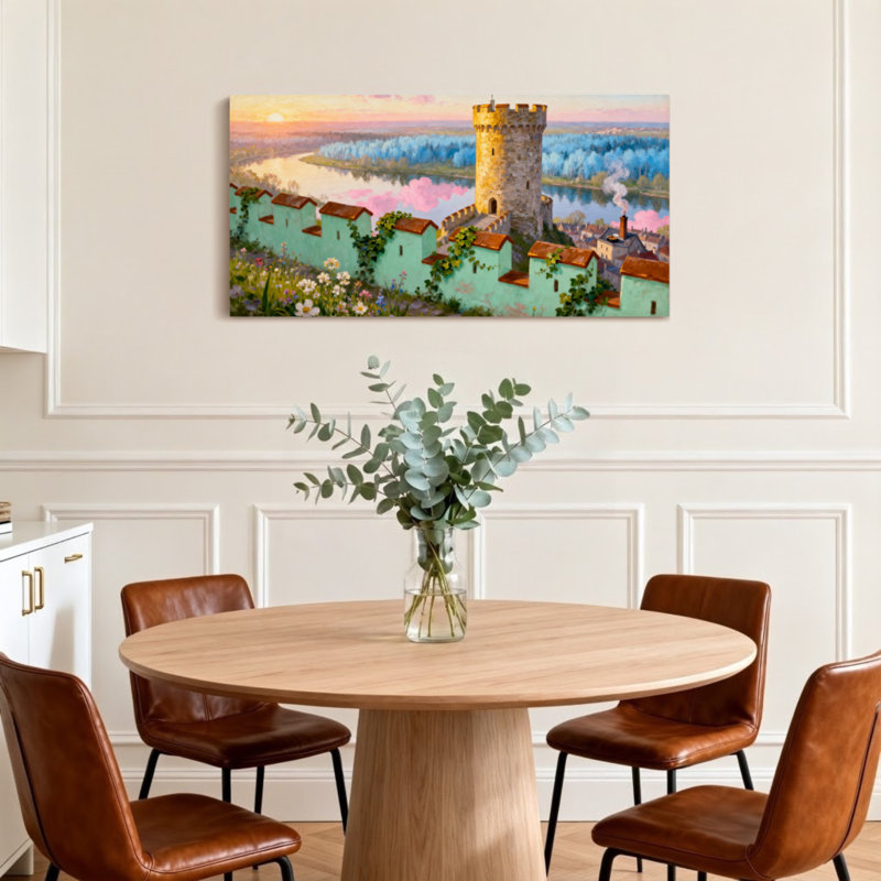 Fantaisie et science-fiction, château, rivière, rivière, village, fleurs, coucher de soleil, ciel, H 24 po x l 48 po