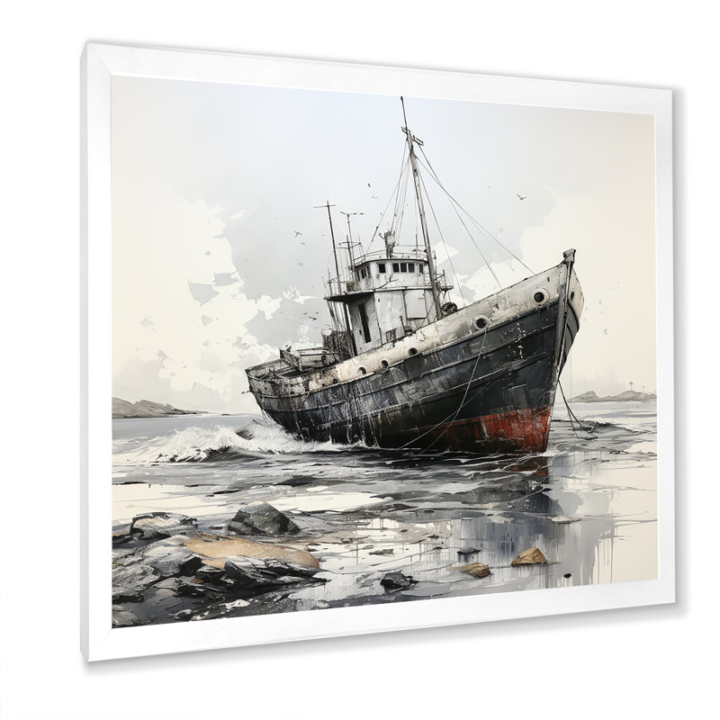 Bateau de pêche bleu et blanc II - art mural nautique et plage, salon, Cadre simple blanc, H 30 po x l 30 po x P 1 po