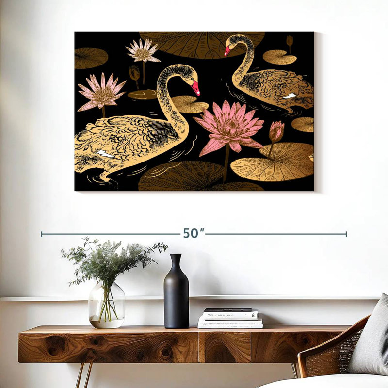 Brampt Swans Amid Water Lilies, 26" H x 39" W
