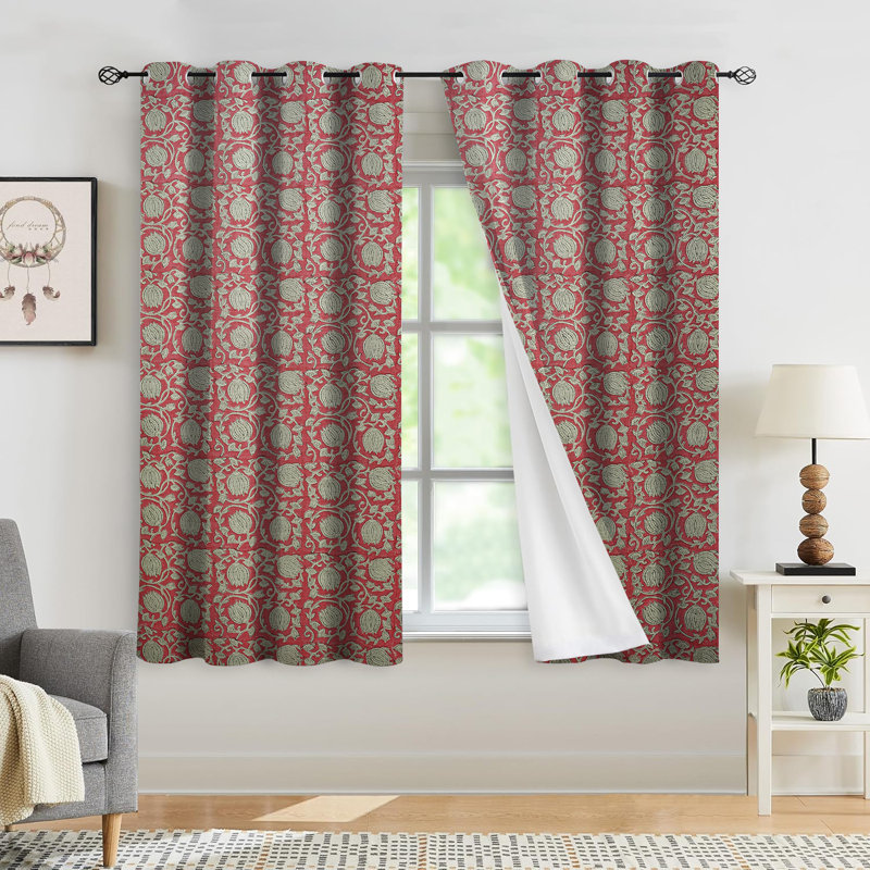 Rideau à imprimé bloc, panneau de rideau à œillets fait à la main, drapé rose floral - 6KAMAL, L 54 po x L 89 po