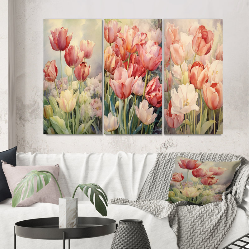 «Retro Blooming Retro Tulips Flowerfield», 3 pièces sur toile, Toile tendue, H 28 po x l 36 po