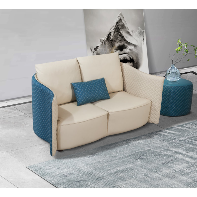 Makassar Loveseat, Off White/Blue Genuine Leather