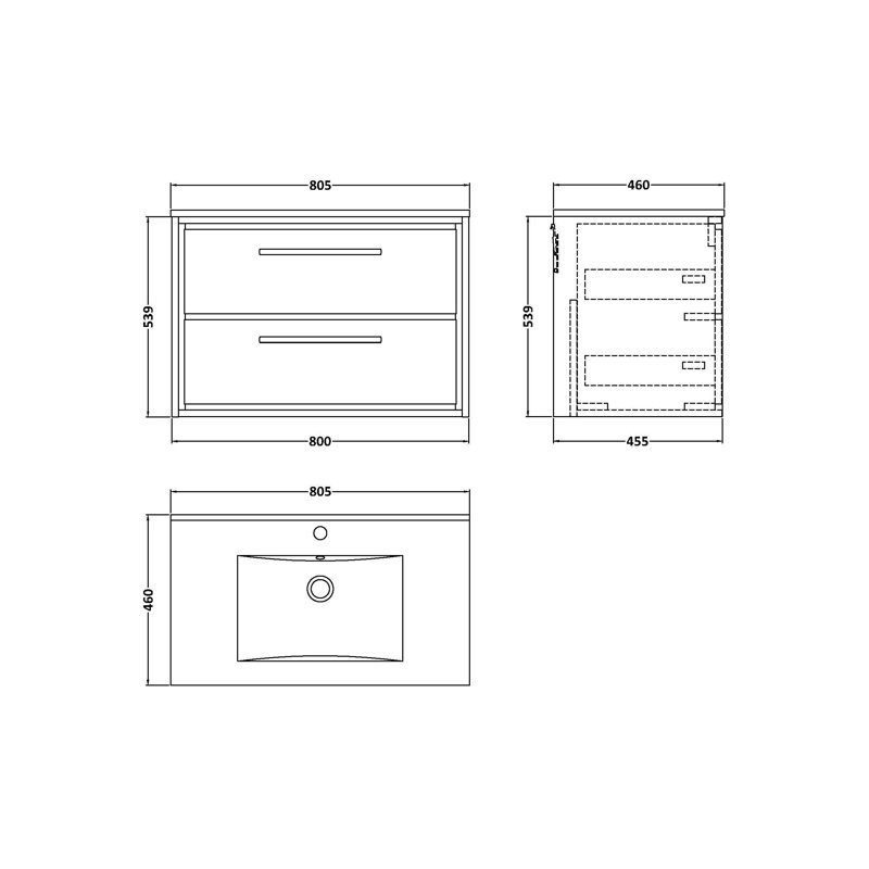 Hudson Reed Lille 800mm Antique Oak 2 Drawer  Wall Hung Vanity Unit With 1 Tap Hole Basin, Bleached Oak
