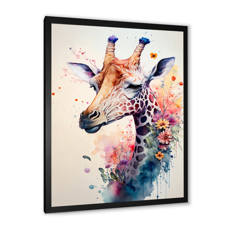 «Cute Giraffe Floral Art II», peinture sur toile, H 32 po x l 16 po x P 1 po, Impression noire sur toile encadrée