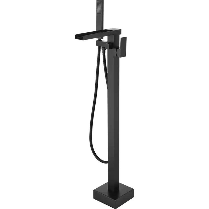 Robinet de baignoire noir mat moderne avec douche à main - poignée simple, bec cascade, débit de 6 gallons par minute, corrosion, poignée noire facile à installer, quincaillerie de fixation