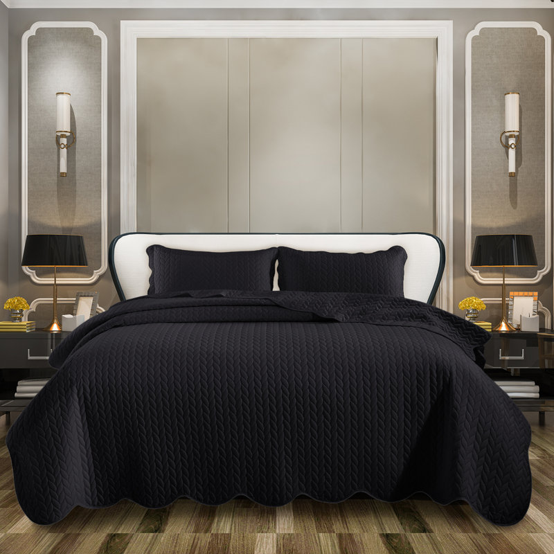 Microfiber Embossed Oversized Modern & Contemporary Bedspread Set With Shams, King Bedspread + 2 Pillowcases, Black