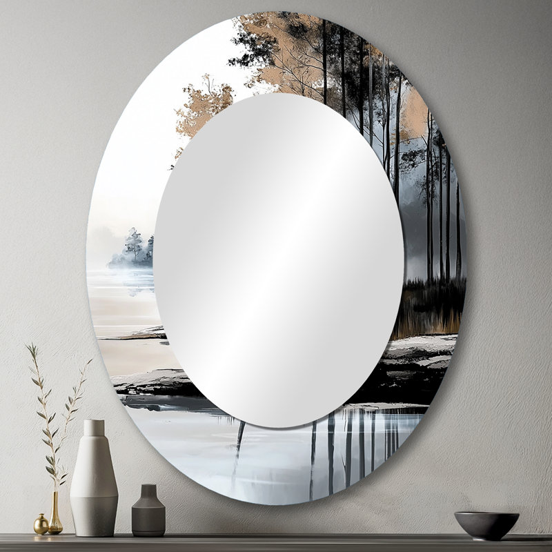 Paysage gris d'hiver au bord du lac IV - Grand miroir mural ovale sur métal, 43 po x 33 po