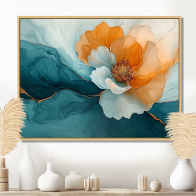 Abstract Ranunculus Golden And Aqua Glow III - Ranunculus Wall Art