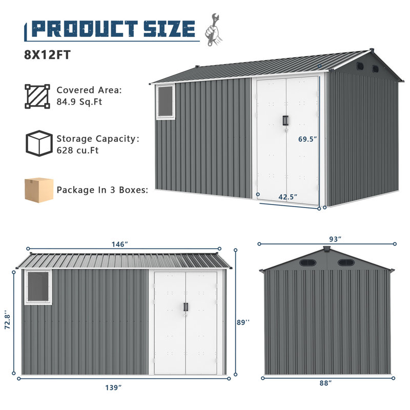 Remise en métal 8 x 12 pi avec construction stable et mur renforcé - double porte de rangement gris foncé