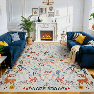 Washable Area Rug, Non-Slip Low Pile Stain Resistance Rug with Peacock and Deer, Animal Carpet for Living Room, Bedroom, Dining Room