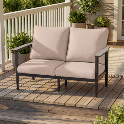 50.4" Wide Aluminum Outdoor Loveseat with Wood-Look Armrests & 5.12" Thick Cushions