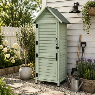 Outdoor Wooden Storage Shed, Tall Narrow Garden Tool Cabinet with Lockable Door & 2 Shelves, Waterproof Asphalt Roof, Vertical Tool Organizer for Patio, Backyard, Lawn