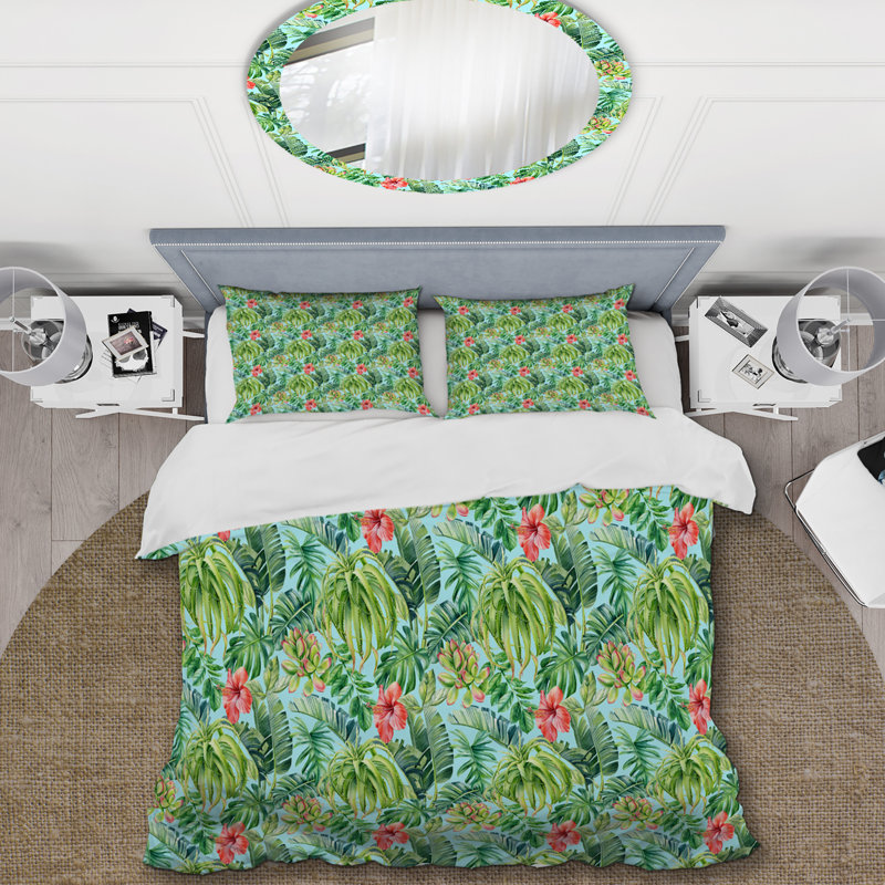 Watercolor Palm Leaves - Ensemble de housse de couette floral - Polyester en microfibre