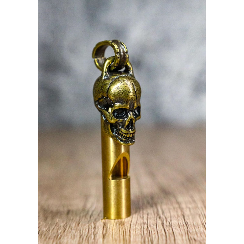 Solid Brass Polished Gold Finish Ghost Skull Head Death Whistle With Ring