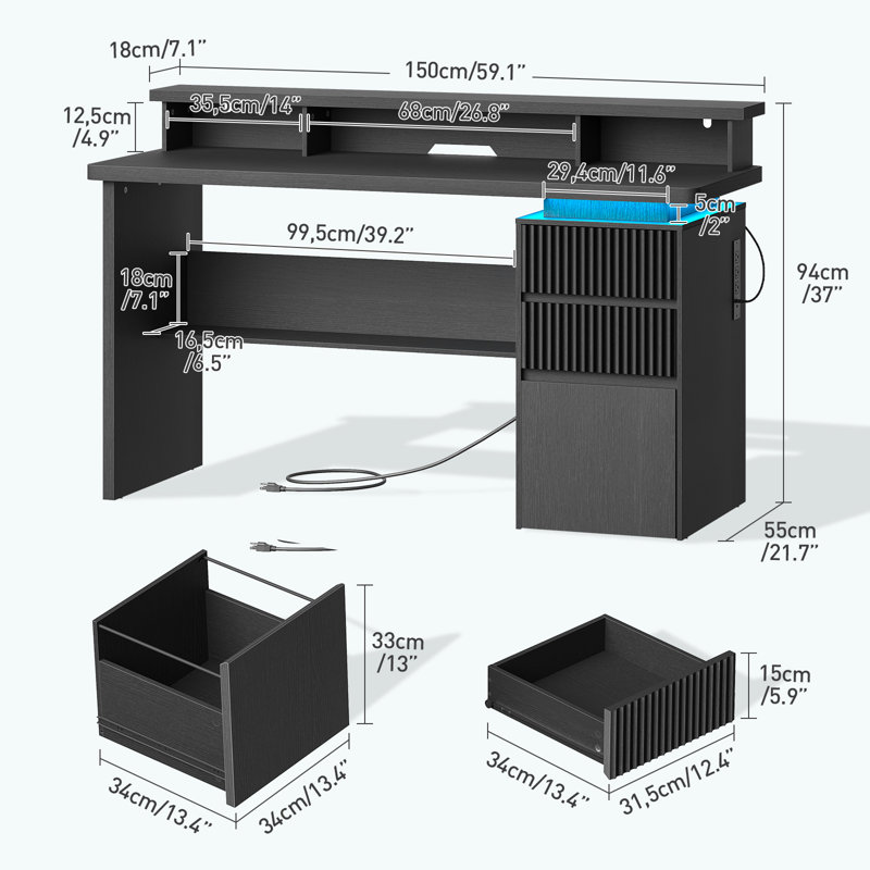 59" Executive Desk with Fluted Drawers, Power Outlet & LED Lights – Modern Home Office Computer Desk with Monitor Stand and File Storage