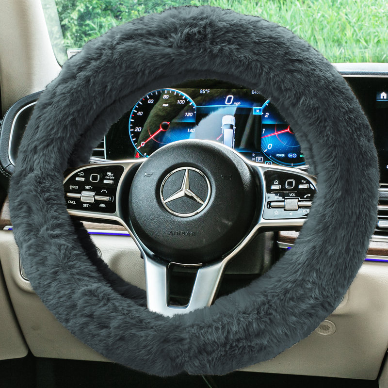 Doe16 Faux Fur Steering Wheel Cover, Gray