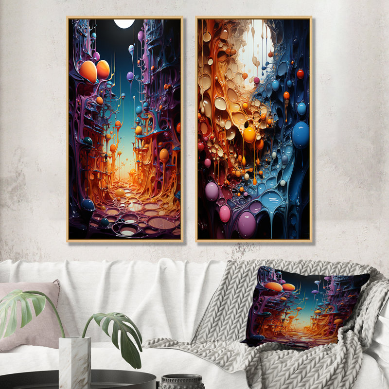 Ensemble de 2 peintures murales sur toile abstraite multicolore surréaliste, Encadrement brun, H 32 po x l 33 po
