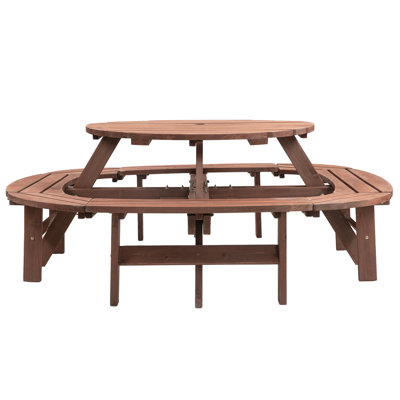 Table de pique-nique ronde en bois pour 10 à 12 personnes pour patio, cour, jardin, bricolage avec 1 tabouret à anneaux intégré, capacité de poids de 500 lb - Brun noyer