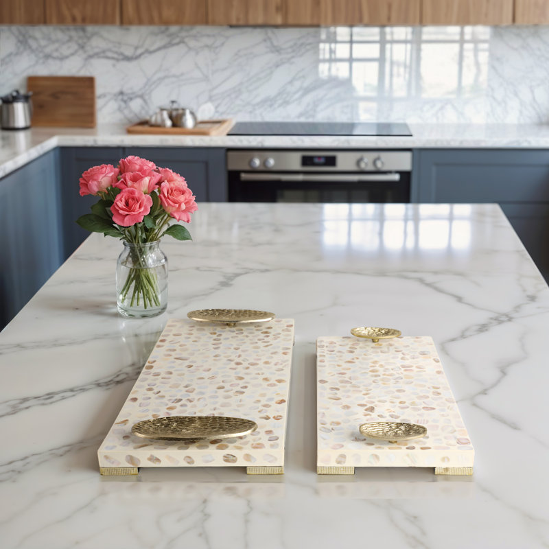 Okechuku Decorative Rectangular Textured Tray with Metal Handles for Ottoman Decor - Stylish Tray for Coffee Table, Home Decor, or Kitchen - Set of 22", 18", White
