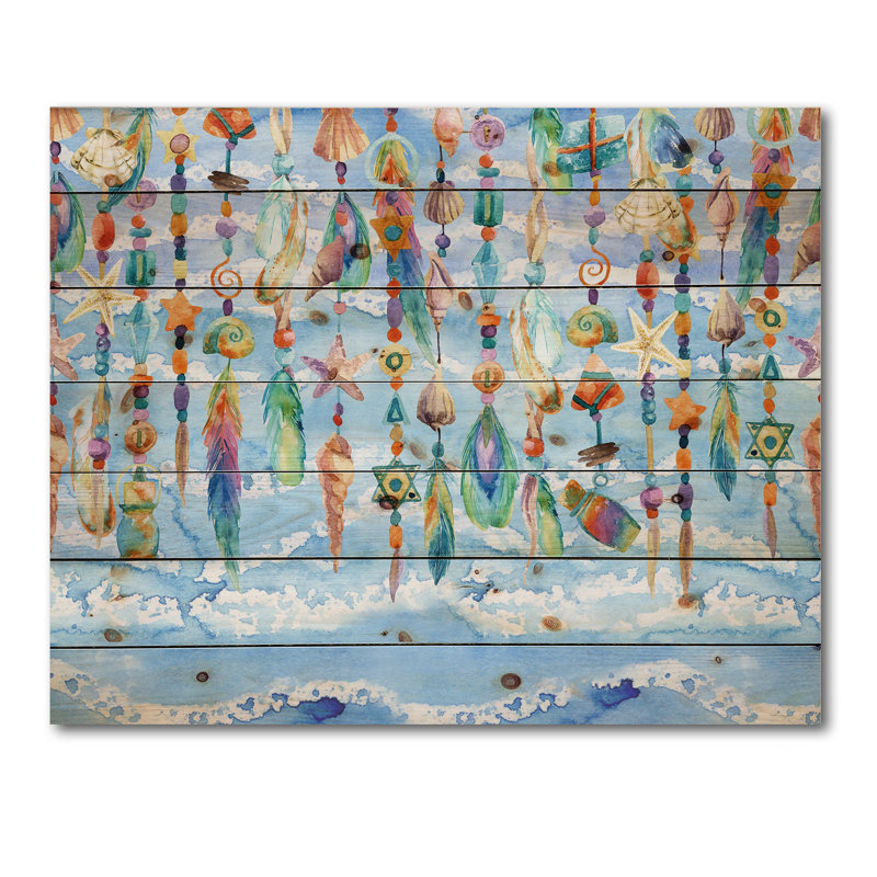 Bijoux de coquillage et de perles - Impression traditionnelle sur bois de pin naturel, H 10 po x l 20 po x P 0,78 po