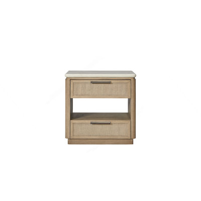 Élégante table de chevet à deux tiroirs avec façades en corde, offrant beaucoup de rangement et une commodité moderne pour votre chambre à coucher