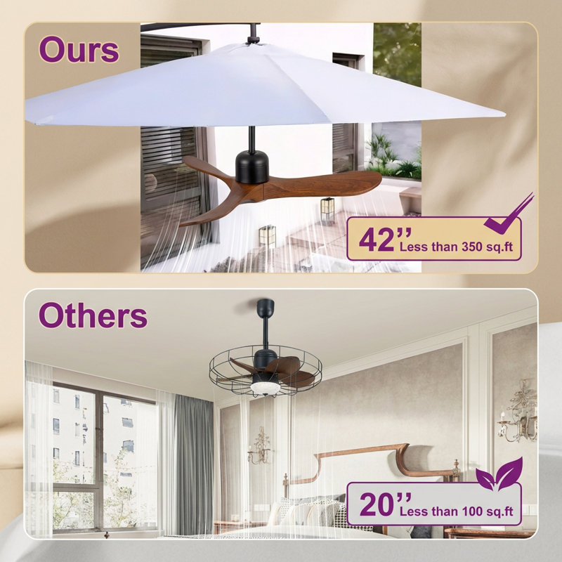 42" Solid Wood Outdoor Ceiling Fan with Remote, Damp Rated Patio Gazebo Fan with 16ft Plug-in Cord & Hardwire Option, Dimmable Light with Memory Function