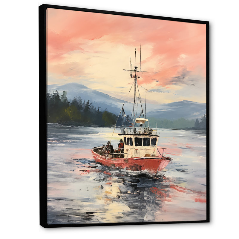 Lumières bleues du port, coucher de soleil en bateau - art mural coucher de soleil côtier, Cadre flottant noir