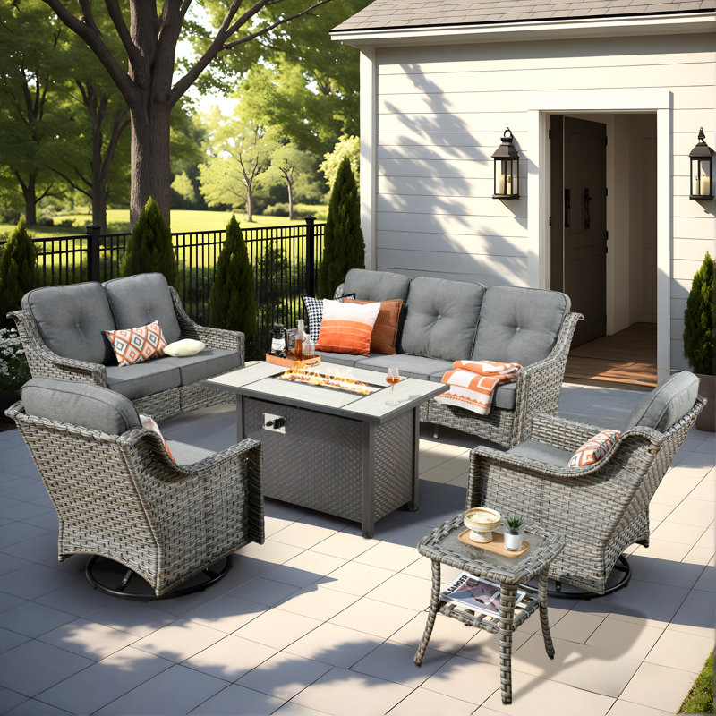 Demariea Outdoor Wicker 7 Person Seating Group With Fire Pit Table With Rocking And Swivel Chairs, Gray