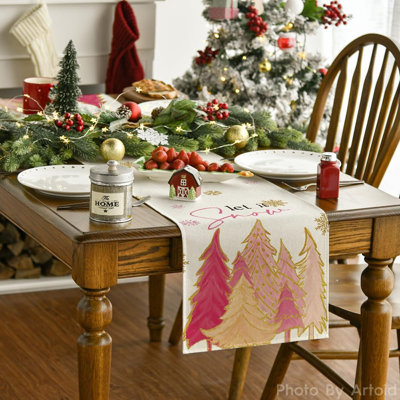 Chemin de table rose arbre de Noël Let It Snow flocon de neige, décoration de table de salle à manger de cuisine d'hiver