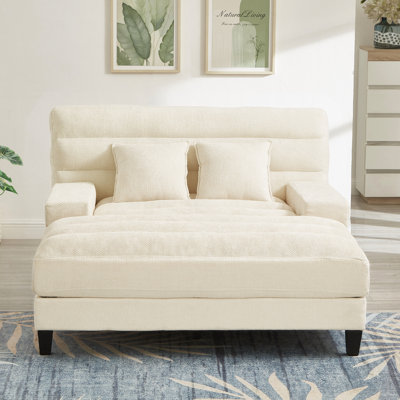 Modern Chaise Lounge Sofa 57.1" Sofa Bed Chenille Upholstered Lounge Sofa Chair with Adjustable Backrest and LED Light Strip for Living Room, Beige