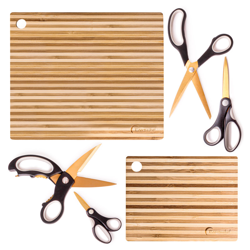 BergHOFF 6Pc  Prep Set: 4Pc Titanium Gold Scissors and 2Pc Bamboo Prep Board