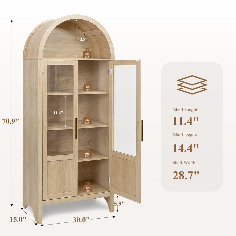 71" Tall Arched Wooden Display Cabinet with Doors, White Oak
