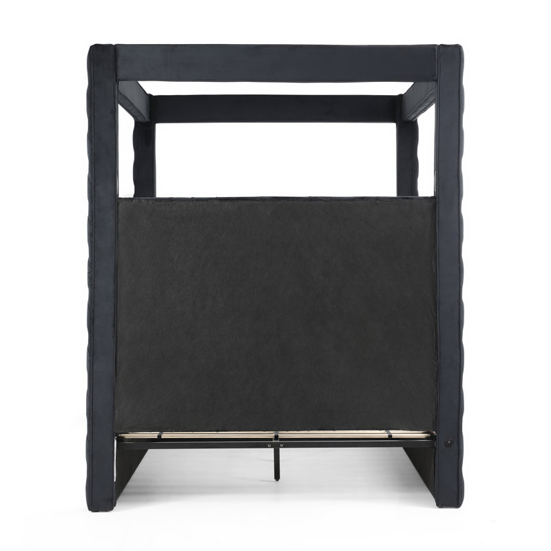 Black Velvet Tufted Upholstered Queen Canopy Bed Frame