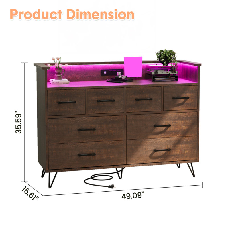 Commode 8 tiroirs GarveeHome, commode moderne pour chambre à coucher avec lumières à DEL et station de charge, commode en bois avec espace ouvert, rangement pour le vestibule, salon