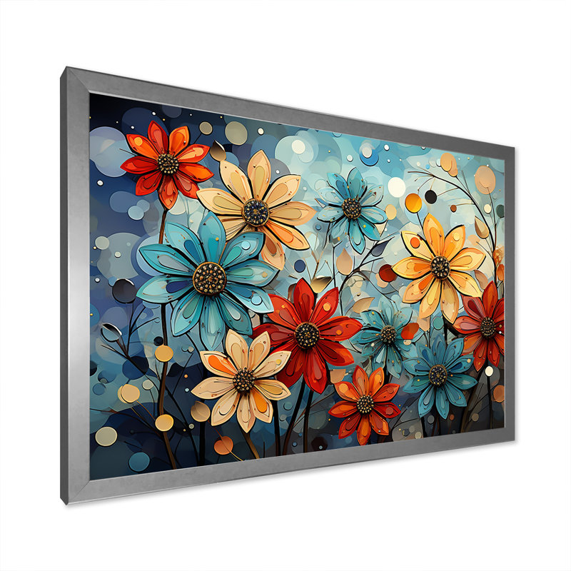 «Cubist Zinnias Flowers Collage» sur toile, Cadre simple argenté, H 16 po x l 32 po x P 1 po