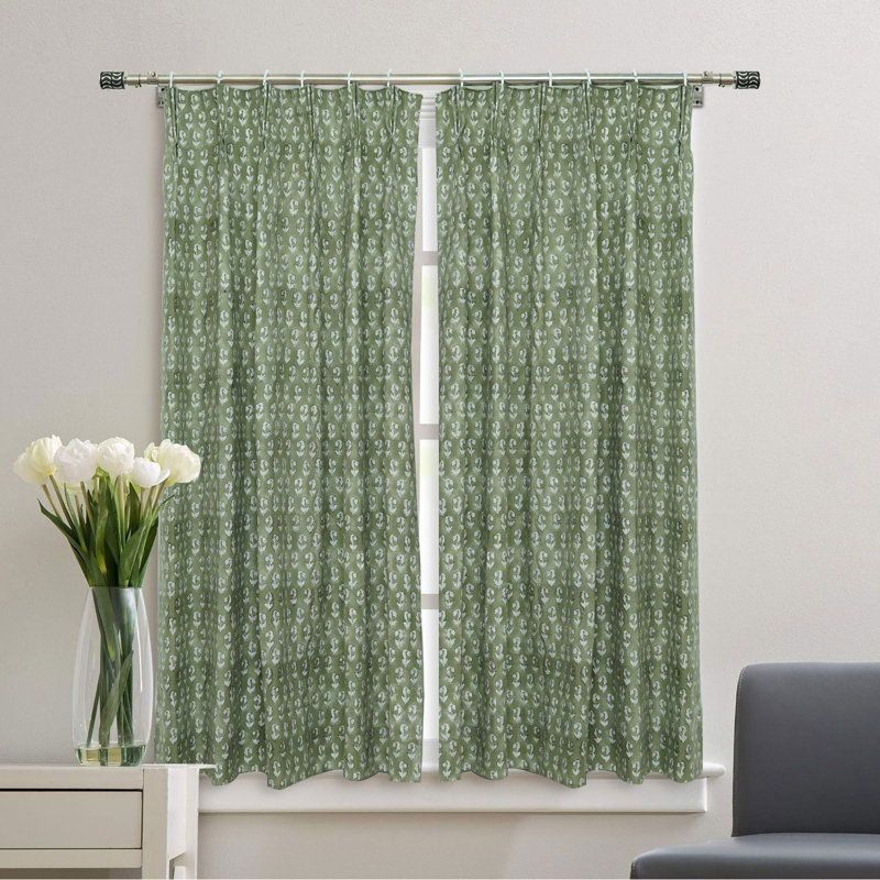 Fabdivine Soft Cozy Pure Linen White Sage Green 27x89 Inches Handmade Block Print 2 Panel Set Summer or Spring, Kitchen Window Pinch Pleated Hook Curtains Farmhouse Floral Pattern, Superstar